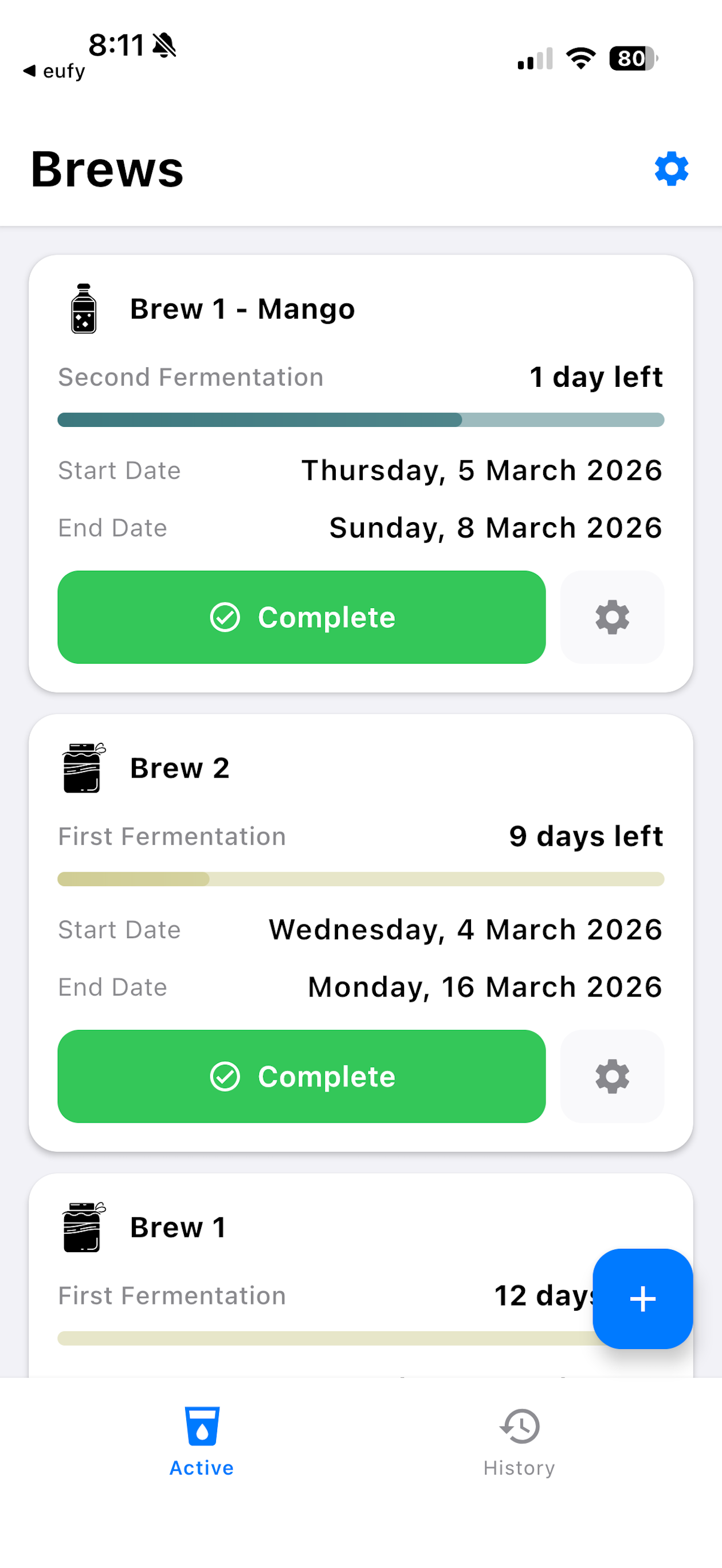 Kombu Time app screenshot showing brew tracking interface